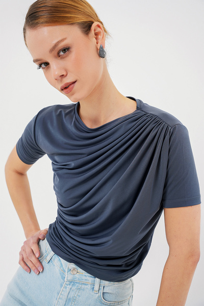 Bigdart Short Sleeve Sandy Blouse with Shirring Detail 945 - Anthracite