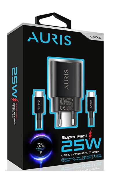 Auris 25 Watt Type-C to Type-C Pd Şarj Aleti Seti Başlık USB C Başlık + 1 Mt. Type C Kablolu