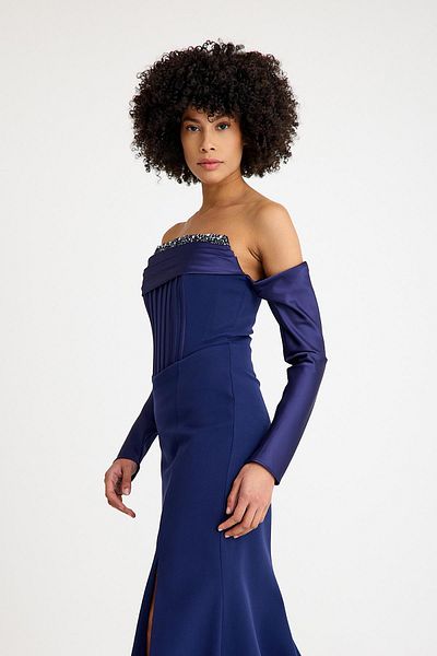 SpringStore Navy Blue Strapless Evening Dress with Stones on the Front