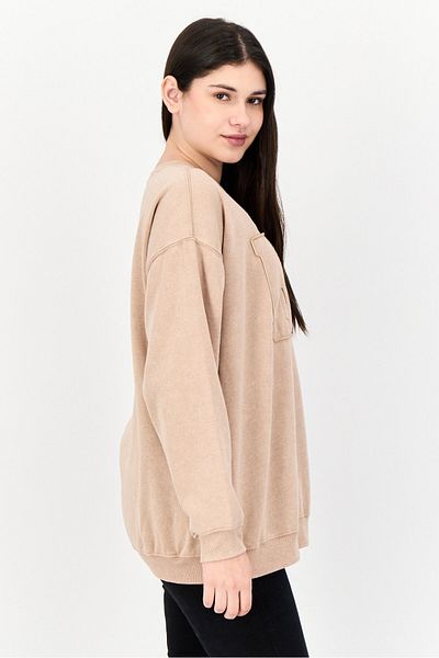 No Comment Women Crew Neck Long Sleeves Knitted Sweatshirt,light Brown