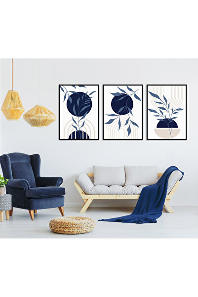 bestablo 3 Parça Çerçeveli Navy Blue Boho Ahşap Tablo Seti Bestablo