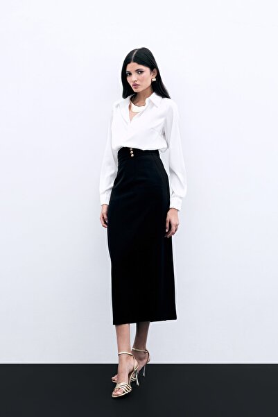 Sateen Düğme Detaylı Midi Etek - SİYAH