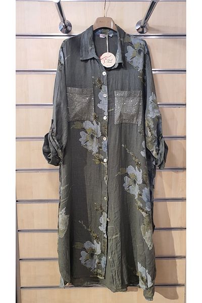 Park Moda Buquet Patterned Linen Dress with Sequin Pocket Detail