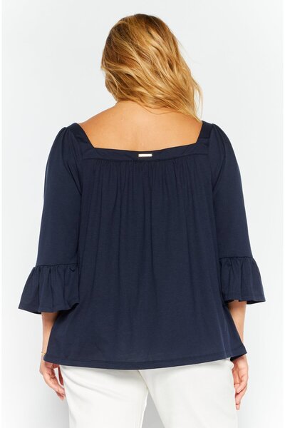 Michael Kors Women Square Neck Elbow Sleeve Plain Blouse, Navy