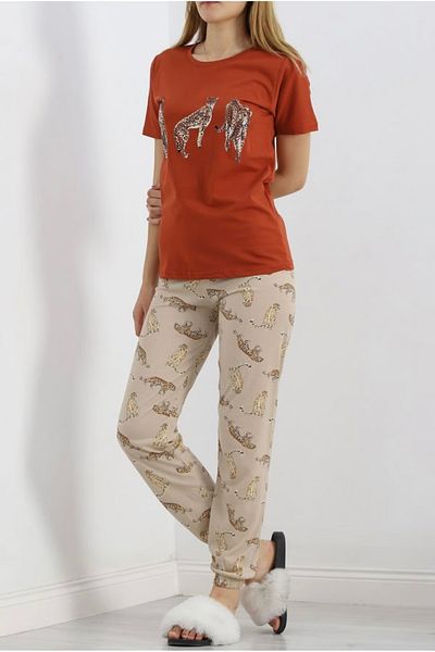 RED VELVET Leopard Patterned Brick Color Pajama Set (Eye Patch Included)