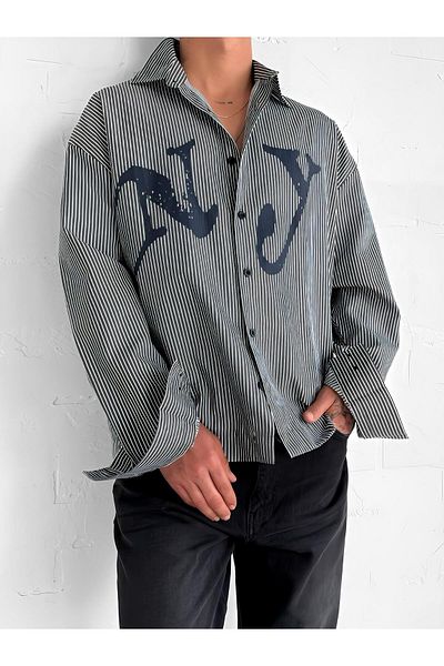 ablukaonline Ανδρικό πουκάμισο Oversize με ριγέ εμπριμέ σκούρο γκρι