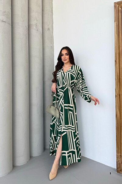 mezqa Γυναικείο φόρεμα με πράσινο γεωμετρικό σχέδιο με ελαστική μέση μακρύ άν...