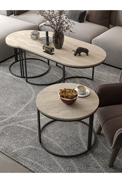 GOLDFALEZ Orta Sehpa Zigon Sehpa Yan Sehpa 3 Lü Set Dolunay Traverten