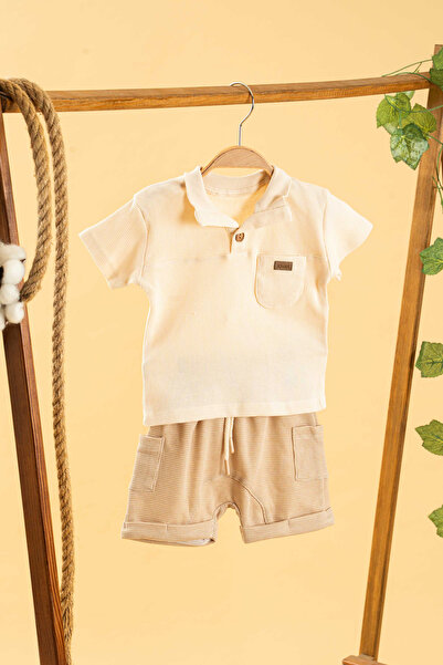 bombe Kız Erkek Bebek Çocuk Bej Şortlu 2'li Rahat Takım Pamuklu Trend Moda Alt Üst Takım