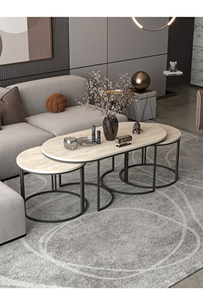 GOLDFALEZ Orta Sehpa Zigon Sehpa Yan Sehpa 3 Lü Set Dolunay Traverten