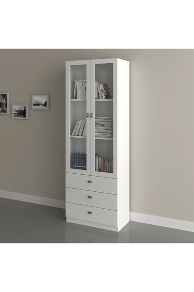 pilati Bookcase with drawers and shelves with a glass door for office and home rooms, white color