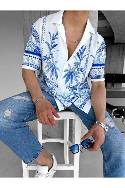 ablukaonline Ecru Men's Shirt - Oversize Floral Print, Cuban Collar, Short Sleeve