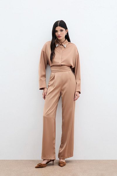 Sateen Camel Loose Satin Trousers with Pockets