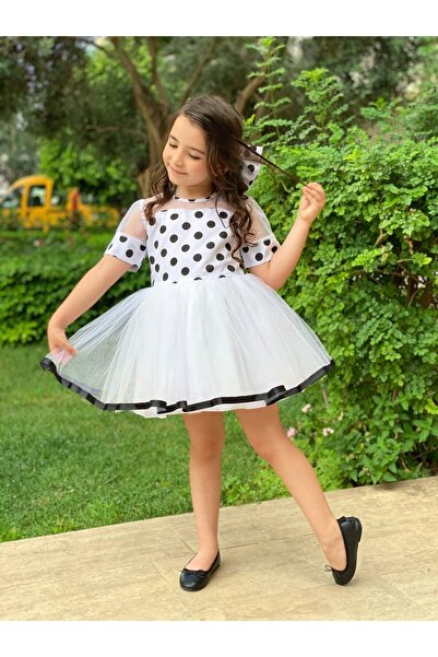 Burçak Kids فستان Burçak Butik بتفاصيل تول أبيض وأسود (يمكن اختيار مقاس أكبر)