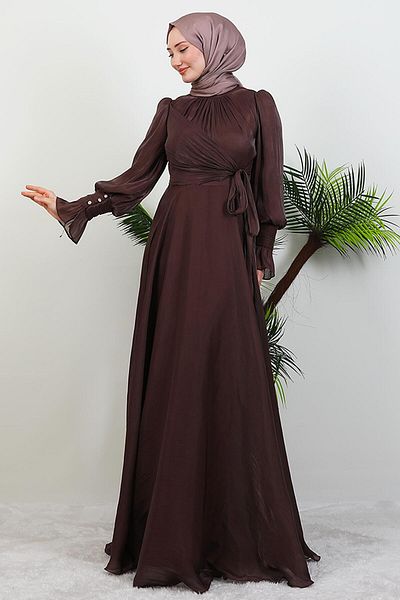GİYZAMİLA Bow Detail Silk Evening Dress Bitter Brown