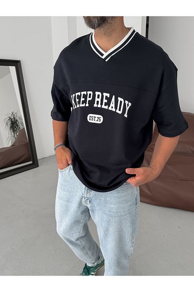 BYBASICMAN Navy Blue Keep Ready V-Neck Oversize T-Shirt Pm-061