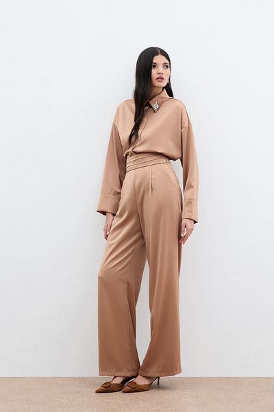 Sateen Camel Loose Satin Trousers with Pockets