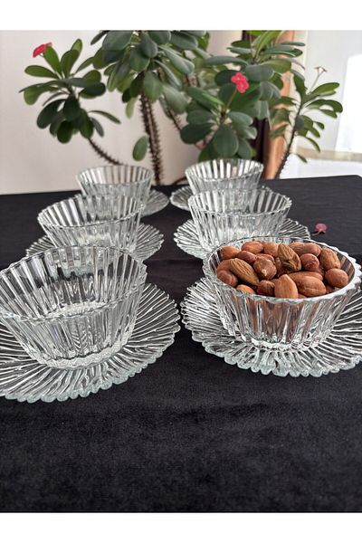 DİBA AVM 12 Pieces of 6-Person Glass Snack Bowl Pudding Dessert Bowl Tea Plate Treat Serving Bowl