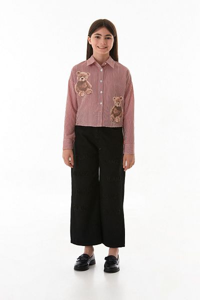 Fulla Moda Teddy Bear Printed Striped Girl's Shirt