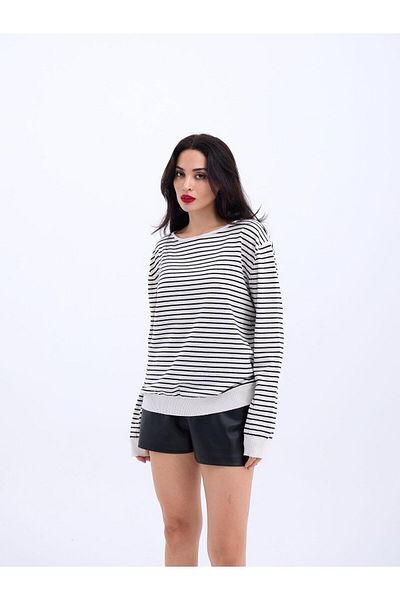 modaserdem Women's Knitwear Striped Loose Sweater-Ecru-Black
