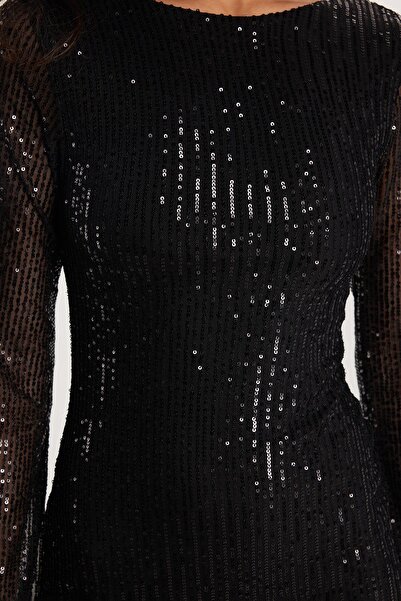 Tudors Kadın Slim Fit Dar Kesim Uzun Kol Bisiklet Yaka Düz Siyah Elbise