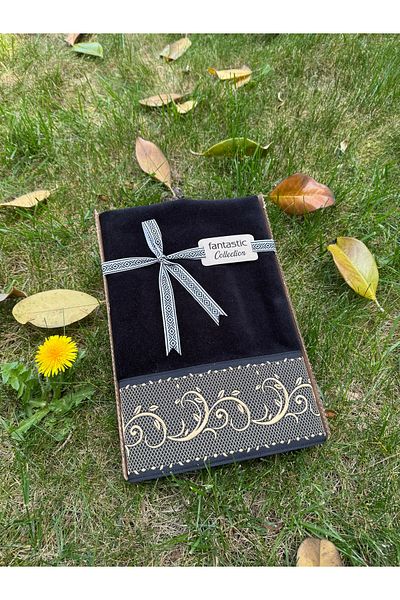 Fantastic Collection Special Velvet Gift Towel Set with Border Gold-Silver Embroidered Baroque Pattern