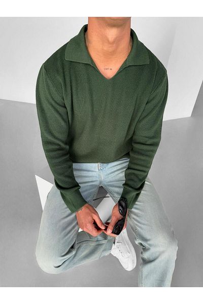 ablukaonline Pulover de bază slim cu decolteu în V Polo pentru bărbați, verde