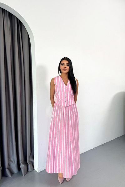 modaserdem Pink Linen Striped Sailing Long Skirt Set
