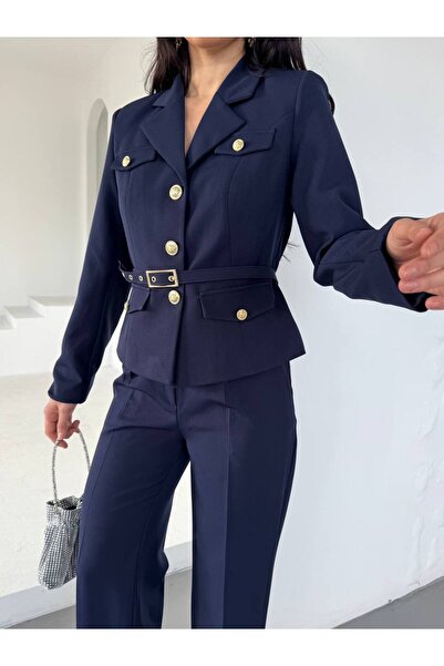 ZF BUTİK Goldfarbener Anzug mit Gürtel und Knopfdetail