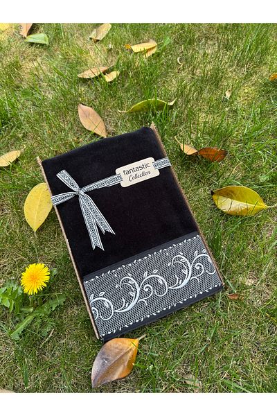 Fantastic Collection Special Velvet Gift Towel Set with Border Gold-Silver Embroidered Baroque Pattern