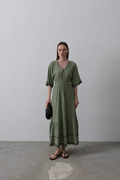 modaserdem Kadın Kısa Kollu Nakışlıyazlık Elbise - Haki