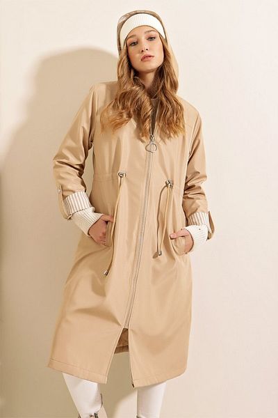 modaserdem Shirred Waist Hooded Trench Coat - Beige