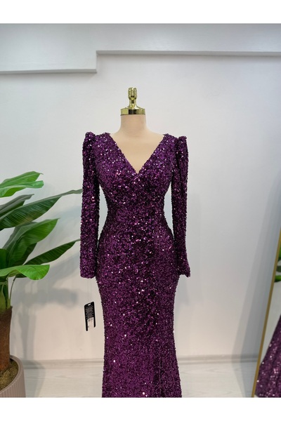 E&A Eren Abiye UZUN KOLLU KRUVAZE YAKA YIRTMAÇLI PUL PAYET BALIK ABİYE