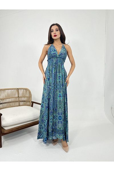 modaserdem Γυναικείο Αμάνικο Ethnic Μοτίβο Καλοκαιρινό Φόρεμα-μπλε