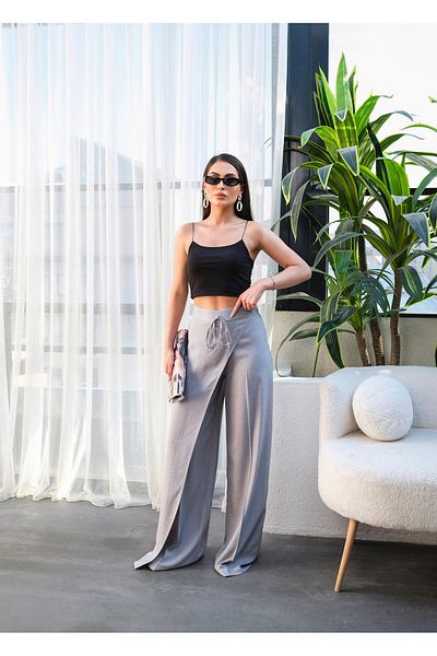 OUZ Fashion Women's Wide-Leg Linen Pants with Cross Front Elastic and Lace-Up