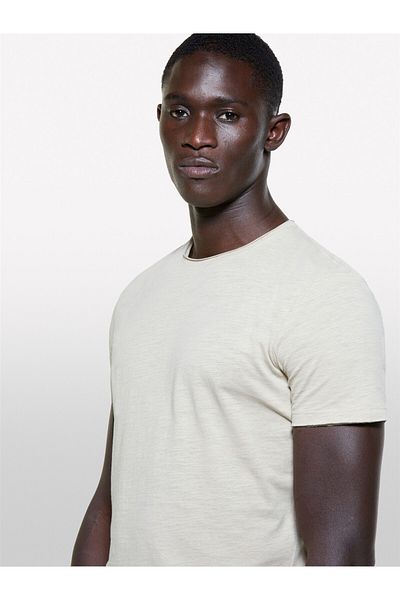 Sisley Erk_100% Cotton Crew Neck Slim Fit Slub T-Shirt Men Beige T-Shirt - 324A3Wf0S101K