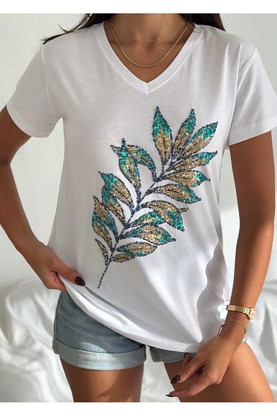 Lotus V-Neck Tee with Pul Sequin Leaf Embroidered Detail
