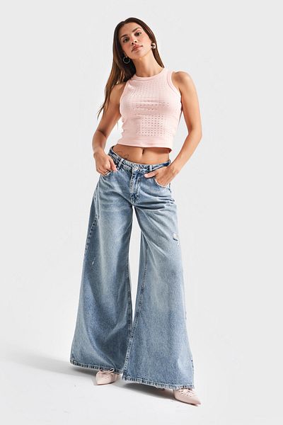 its basic Blugi de damă, culoare 10s5-32, picior de elefant, cu croială largi, 100% bumbac, blugi din denim cu detaliu rupt