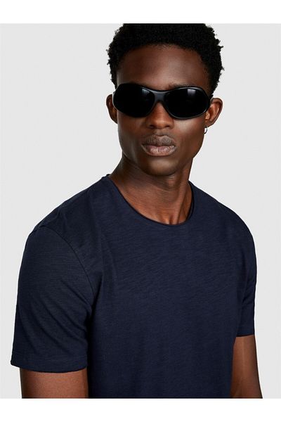 Sisley تي شيرت 100% قطن Slim Fit Slub تي شيرت رجالي باللون الأزرق الداكن - 323a3yr7s101k
