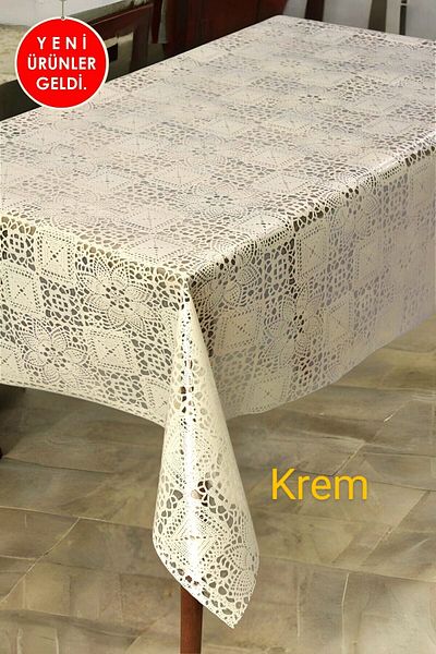 Blue Home Lace Look Wipeable Easy to Clean Non-Slip Liquid Proof Pvc Table Cloth -Cream