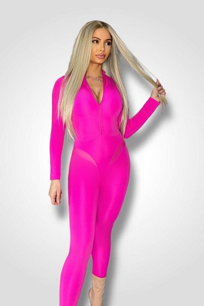 BOMBFIT Neon Pink Matte Textured Shapewear Jumpsuit, Pink