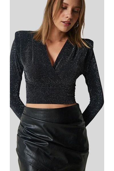 Lotus Double Breasted Collar Silvery Short Bluz