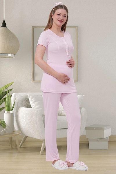 LOHOUSE Women's Pink Lace Design Long Dressing Gown 3-Piece Maternity Maternity Pajama Set