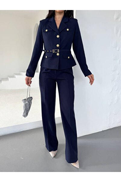 ZF BUTİK Goldfarbener Anzug mit Gürtel und Knopfdetail