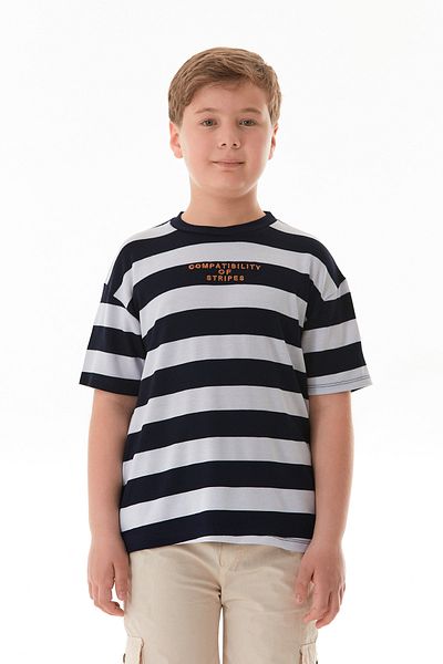 Fulla Moda Striped Text Embroidered Boy's T-Shirt