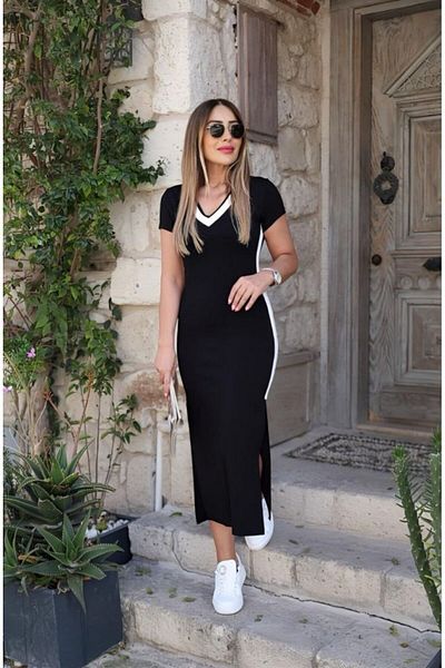 modaserdem Women's Short Sleeve V-Neck Viscose Long Dress with Side Stripe and Slit