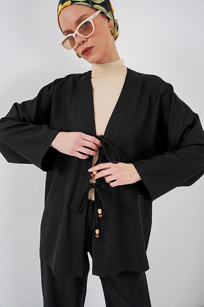 Bigdart Women's Linen Kimono Double Set 6727 - Black