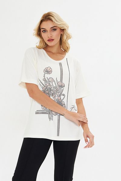 MODA White Floral Patterned Stone Embroidered Short Sleeve Lycra Women's Combed Cotton Blouse