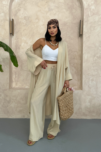 Ortaya Çık Bézs hosszú alsó felső kimonó szett