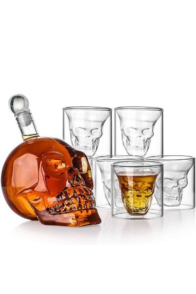 OEM Set de decantoare, design craniu, 6 pahare în formă de craniu, 75 ml, accesorii incluse, pâlnie, 1 L